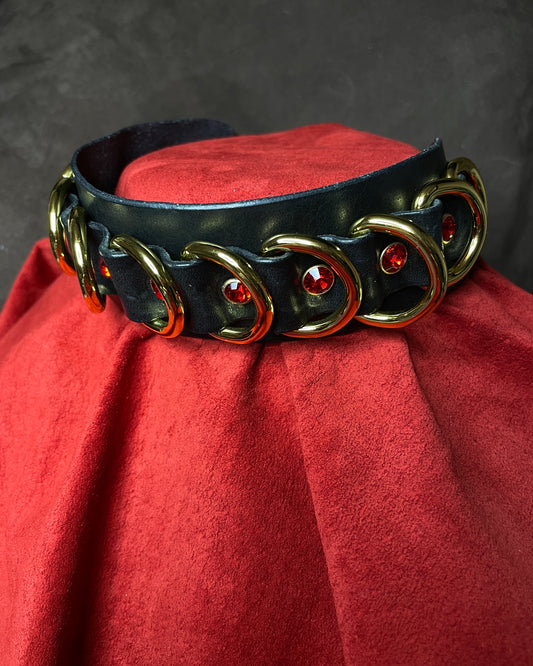 Black leather collar with gold rings and red stones on a red cushion