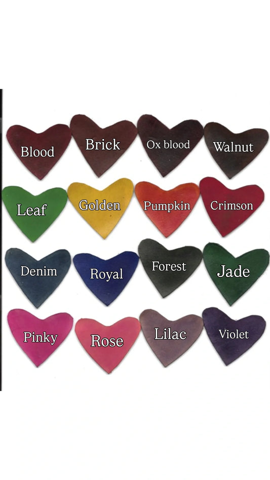 Color swatch of heart-shaped leather with labels on a white background