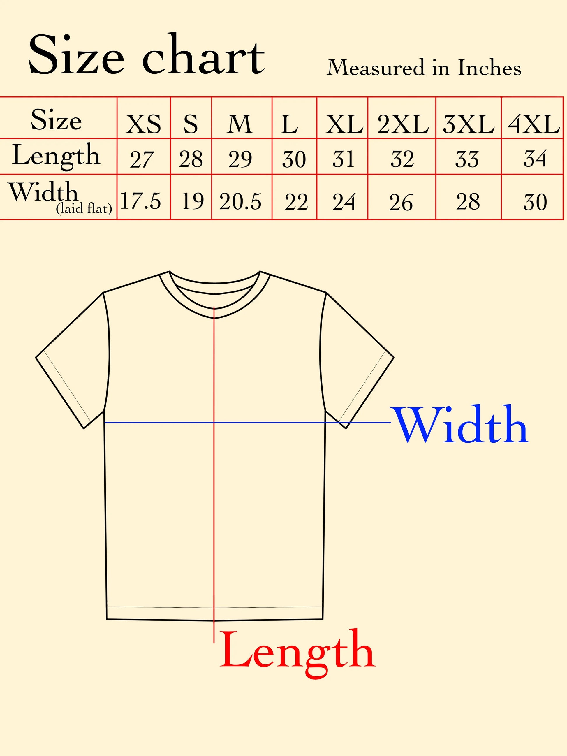 T-shirt size chart measured in inches with labeled length and width.