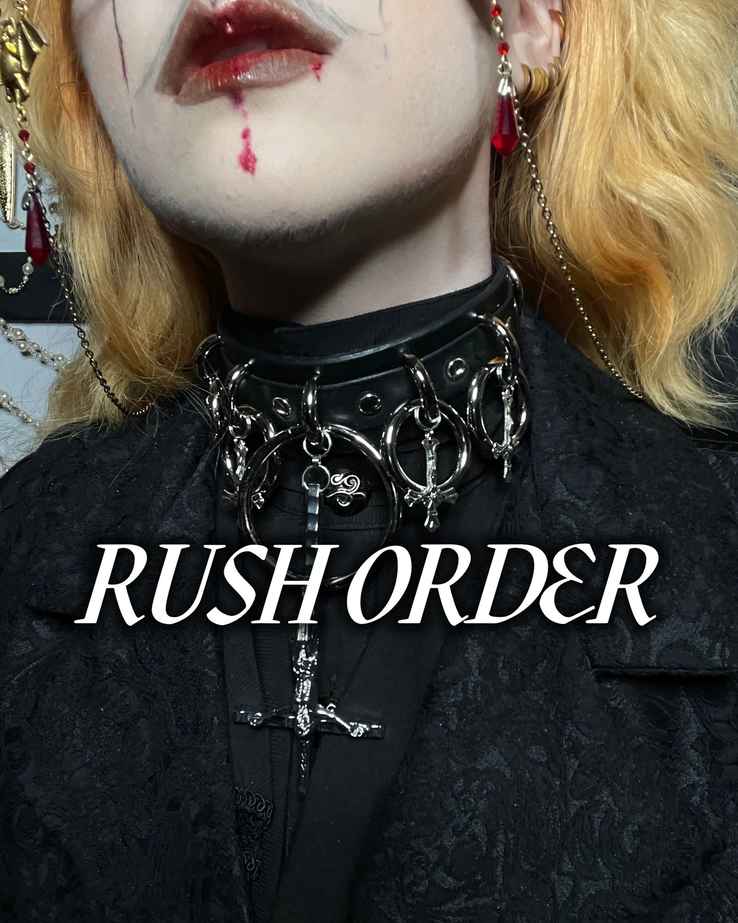 Person wearing a black lace garment with a leather collar, close-up of face with 'RUSH ORDER' text overlay.