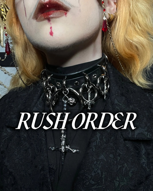 Person wearing a black lace garment with a leather collar, close-up of face with 'RUSH ORDER' text overlay.