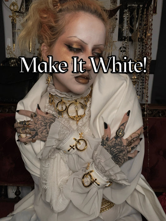 Person in white outfit with text 'Make It White!' 