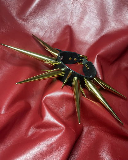 Gold spiked collar on a red leather surface